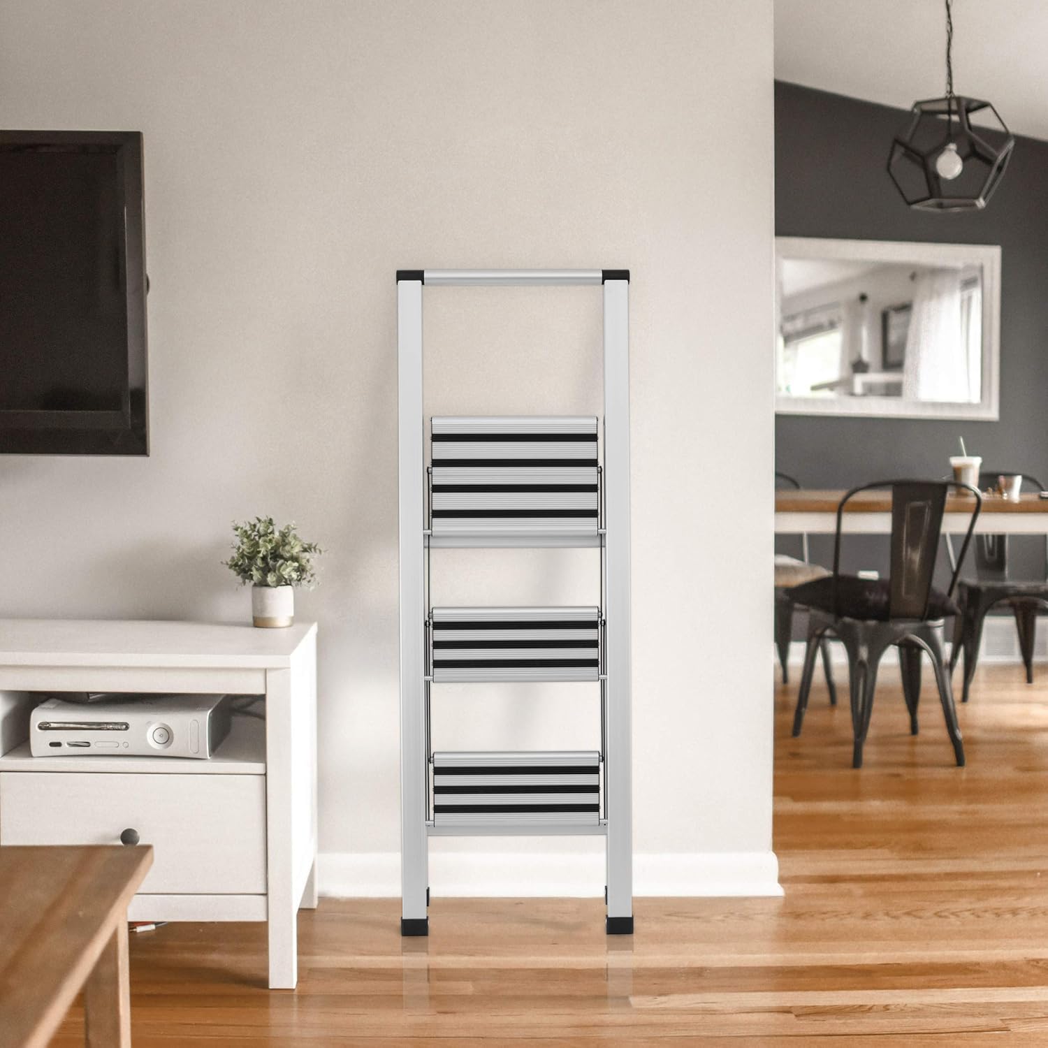 Sorfey Premium 3 Step Modern Aluminum Ladder. Lightweight,-Ultra Slim Profile, Anti Slip Steps, Sturdy-Portable for Home, Office, Kitchen, Photography Use, Aluminum Finish: Home & Kitchen