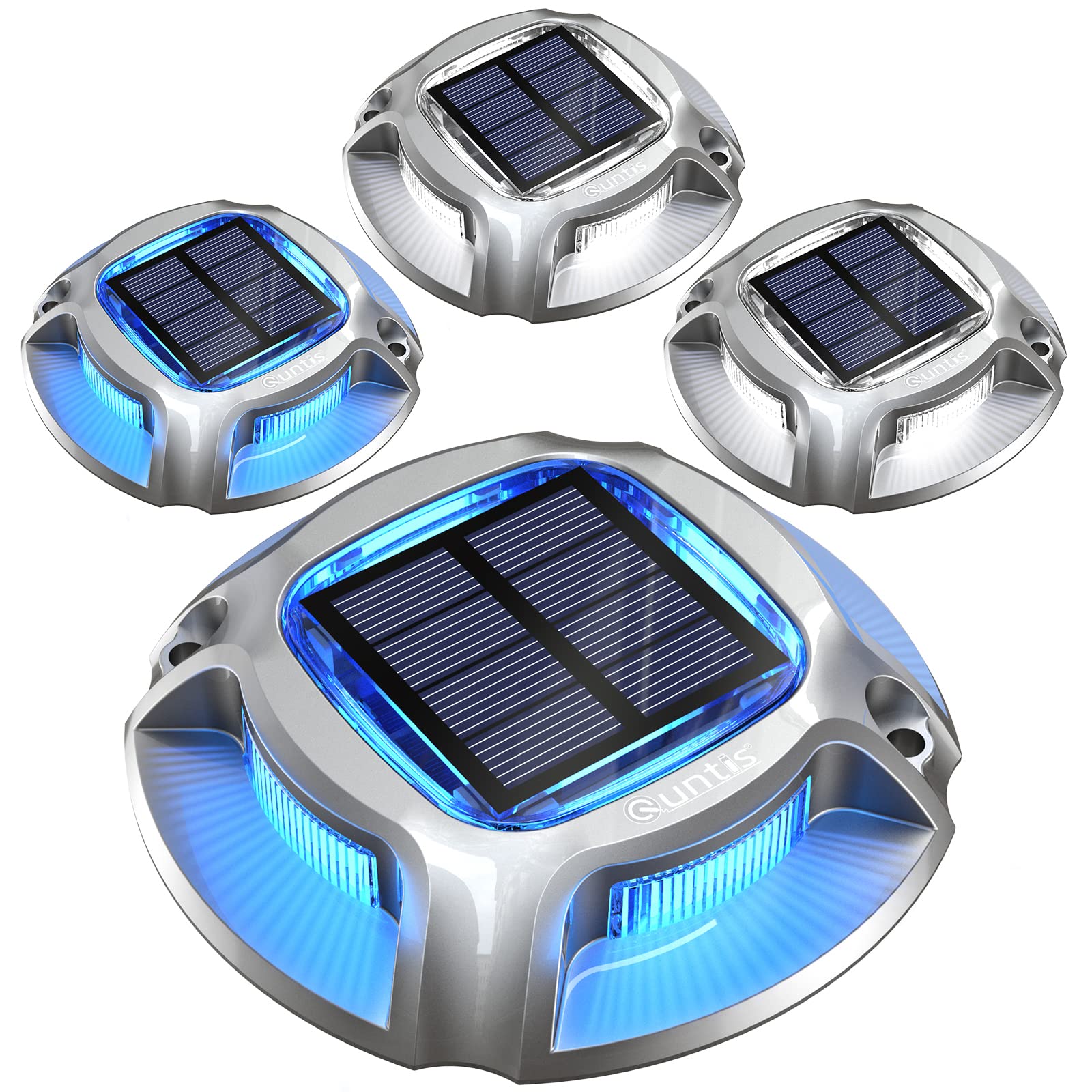 Quntis Solar Decking Lights Outdoor 4 Pack, 2 Colors Blue & White Road Marker Light IP68 Waterproof, Aluminum Pressure Resistant Solar Driveway Lights for Yard Pathway Ground Step Stairs Patio Pool