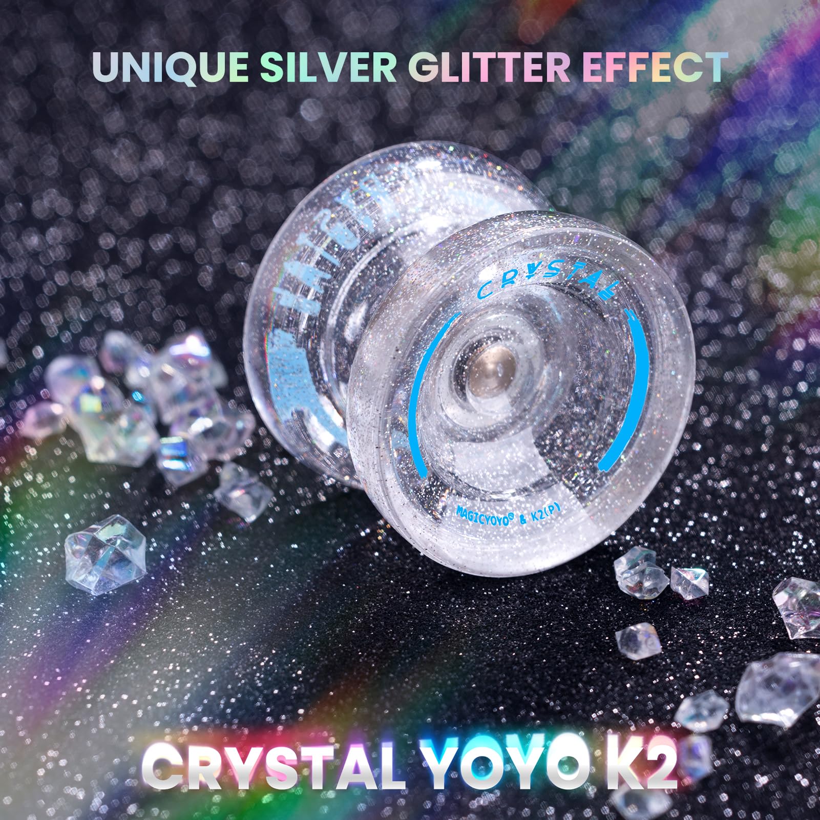 MAGICYOYO K2 Crystal Yoyo Silver Glitter Clear, Pro Responsive Yo-yo for Kids, Finger Spin Trick Yo Yo for Beginner, Dual Purpose Yo-yo with Extra Unresponsive Bearing + 12 Yoyo Strings + Case Bag