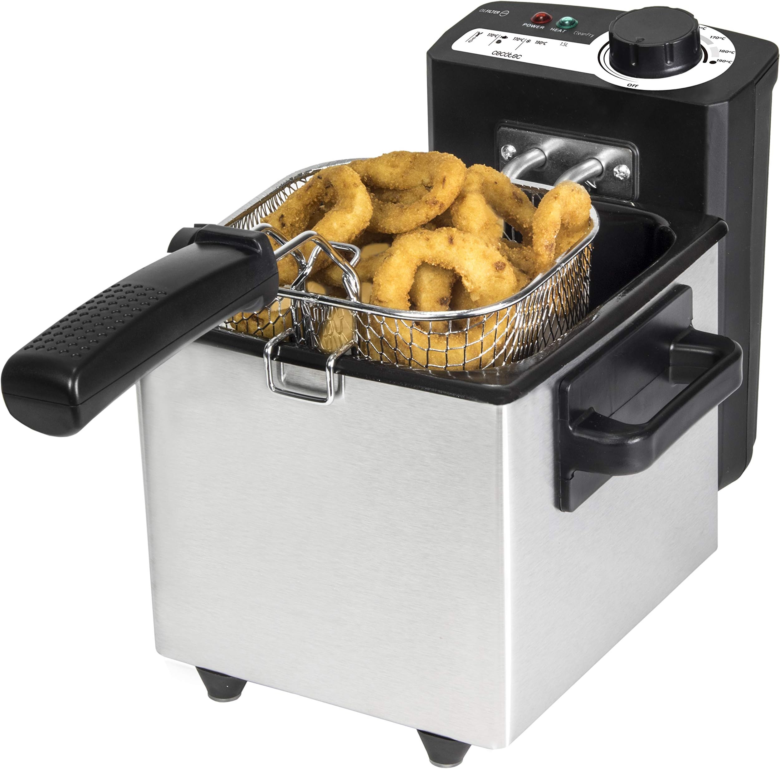 Cecotec CleanFry Stainless Steel Deep Fryer 1.5 L with OilClean Filter that Keeps Oil Clean 1.5 Litre Capacity. 1000 W of Power