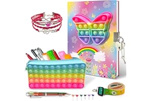 XIAOMIANYANG Pop Notebook for Kids, Fidget Poppers Journal Set Includes Diary with lock Pop Pencil Case Pink Fashion Bracelets and 6 Multicolor Ballpoint Pen Gift Stuff Fidget for Girls 10-12 School Supplies 8