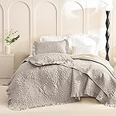 Masaca Oversized King Bedspread 128x120,Linen Colored Ruffled Shabby Boho Chic Quilt Set 3Pcs Soft Lightweight Farmhouse Crinkled Extra Large King Quilt Coverlet Bedding Set