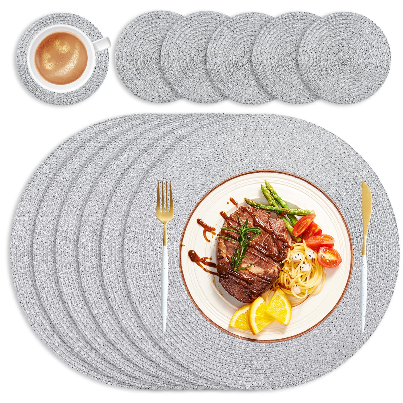 wiipara Round Woven Placemats Set of 6 Heat Resistant Round Braided Table Mats, 34 cm Washable Placemats and Coaster Sets for Dining/Kitchen Table, Party, Wedding, Grey — image 1