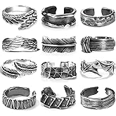 RIOSO 12Pcs Vintage Rings for Men Cool Adjustable Angel Wings Ring Goth Punk Open Ring Set