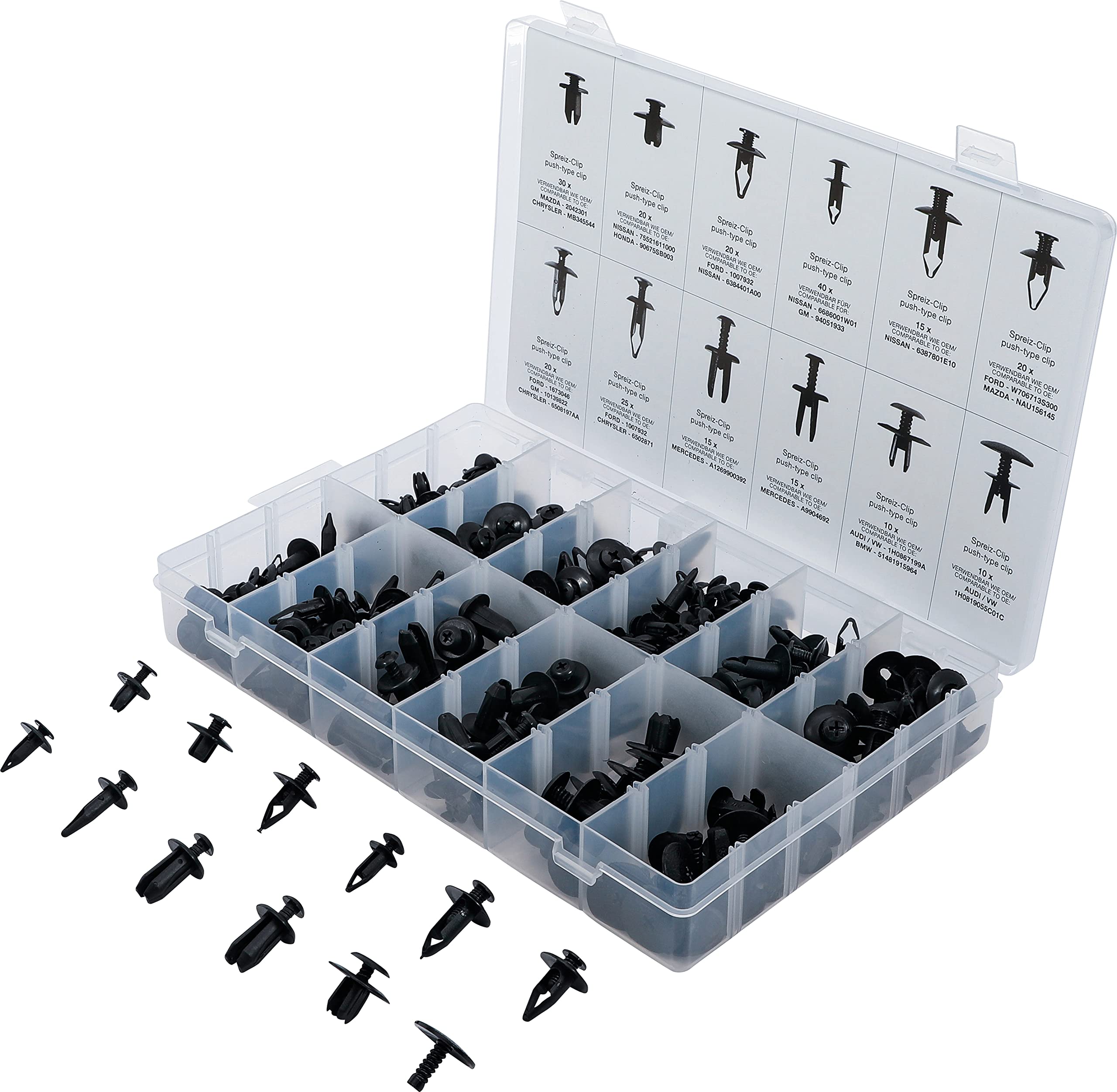 BGS 9057 | Plastic Push-Type Clip Assortment for Mazda, Honda, Ford, Nissan, VW | 240 pcs.