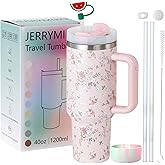JERRYMIKO 40 oz Tumbler With Handle and Straw Lid,Simpl Moder Double Wall Vacuum Sealed Stainless Steel Insulated Tumblers,Travel Mug for Hot and Cold Beverages,Thermos Travel(Sakura flower)