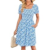 Naggoo Women's Summer Dresses Short Puff Sleeve Casual Square Neck Floral Print Smocked A Line Flowy Beach Sun Dresses