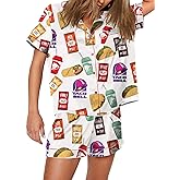 Womens Button Down Pajama Sets Soft Button Down Loungewear 2 Piece Outfits Funny Satin Pjs Shorts Set XXS-XXXL