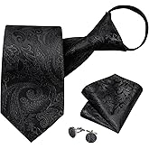 DiBanGu Silk Zipper Ties for Men,Paisley Solid Plaid Pre-tied Tie and Pocket Square Cufflinks Set Formal Adjustable Necktie