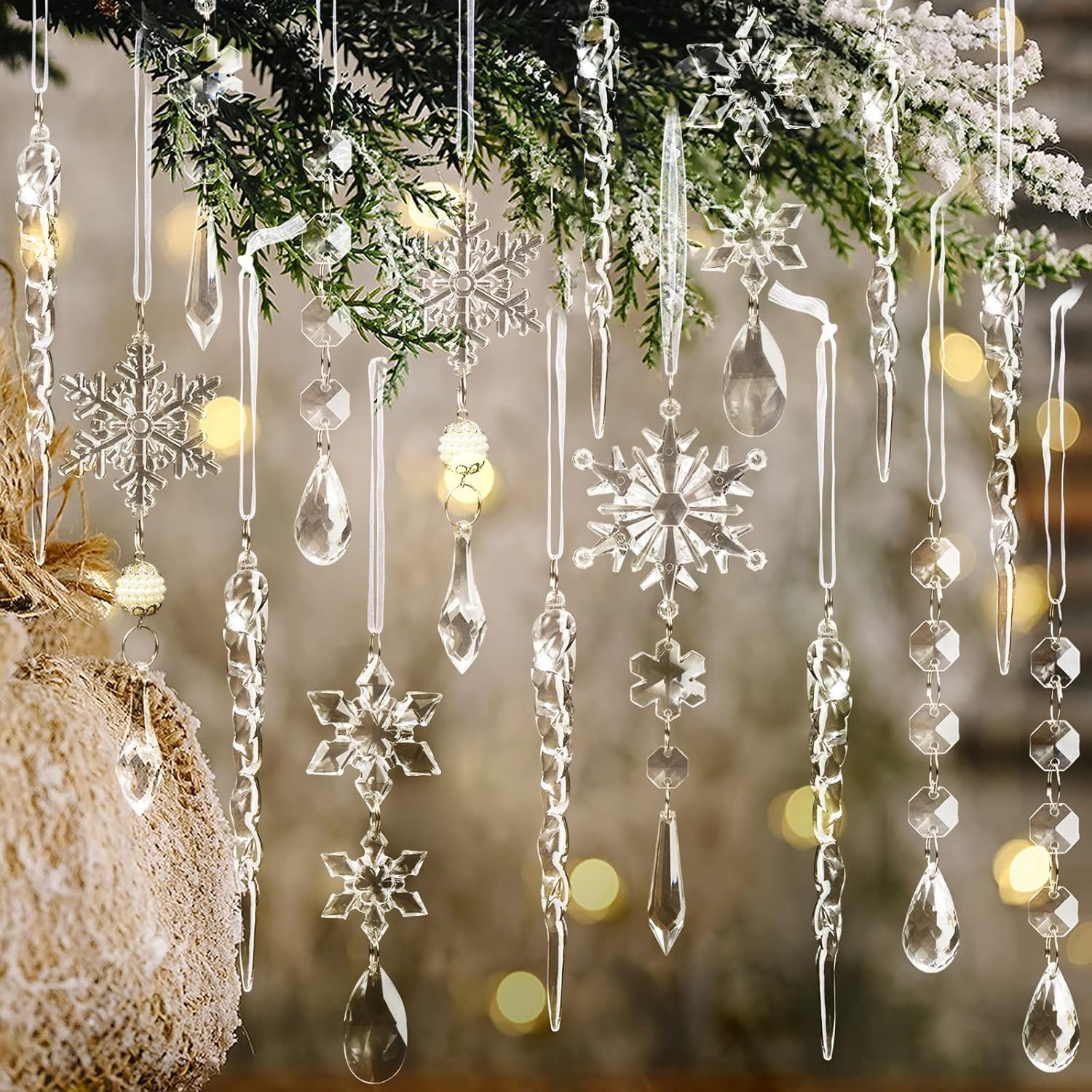 Hopeholic Christmas Ornaments Set of 18 Christmas Ornaments Acrylic Transparent Christmas Tree Hanging Snowflake Drop Icicle with String Tree Ornament Party Wall Hanging Entryway Clear
