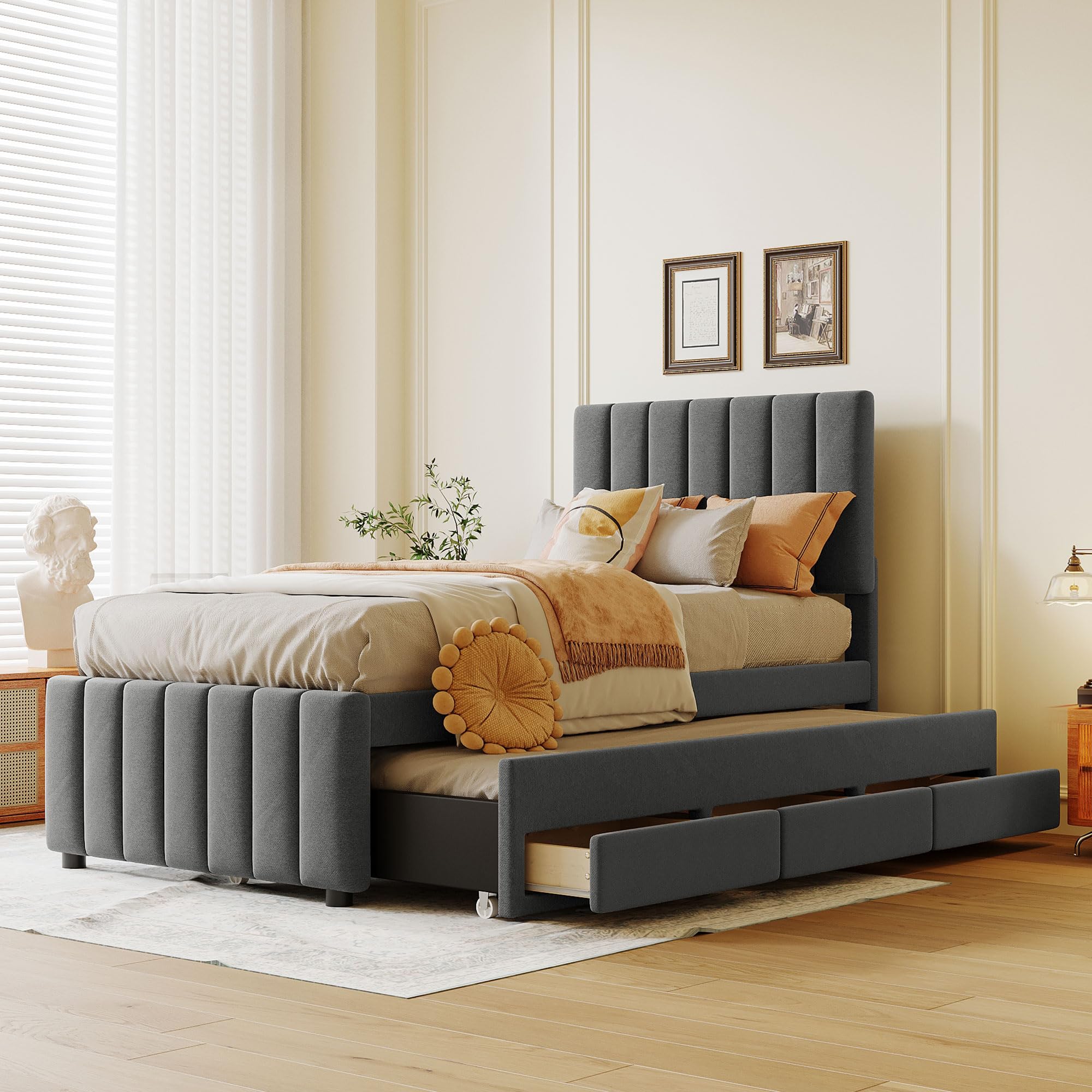 Photo 1 of ***BOX 2 OF 2***

Twin Size Bed Frame with Trundle Bed and Storage Drawers,Linen Upholstered Bed Frame,Twin Size Trundle Bed with Adjustable Headboard,Upholstered Platform Bed Twin for Kids Teens Adults,Gray