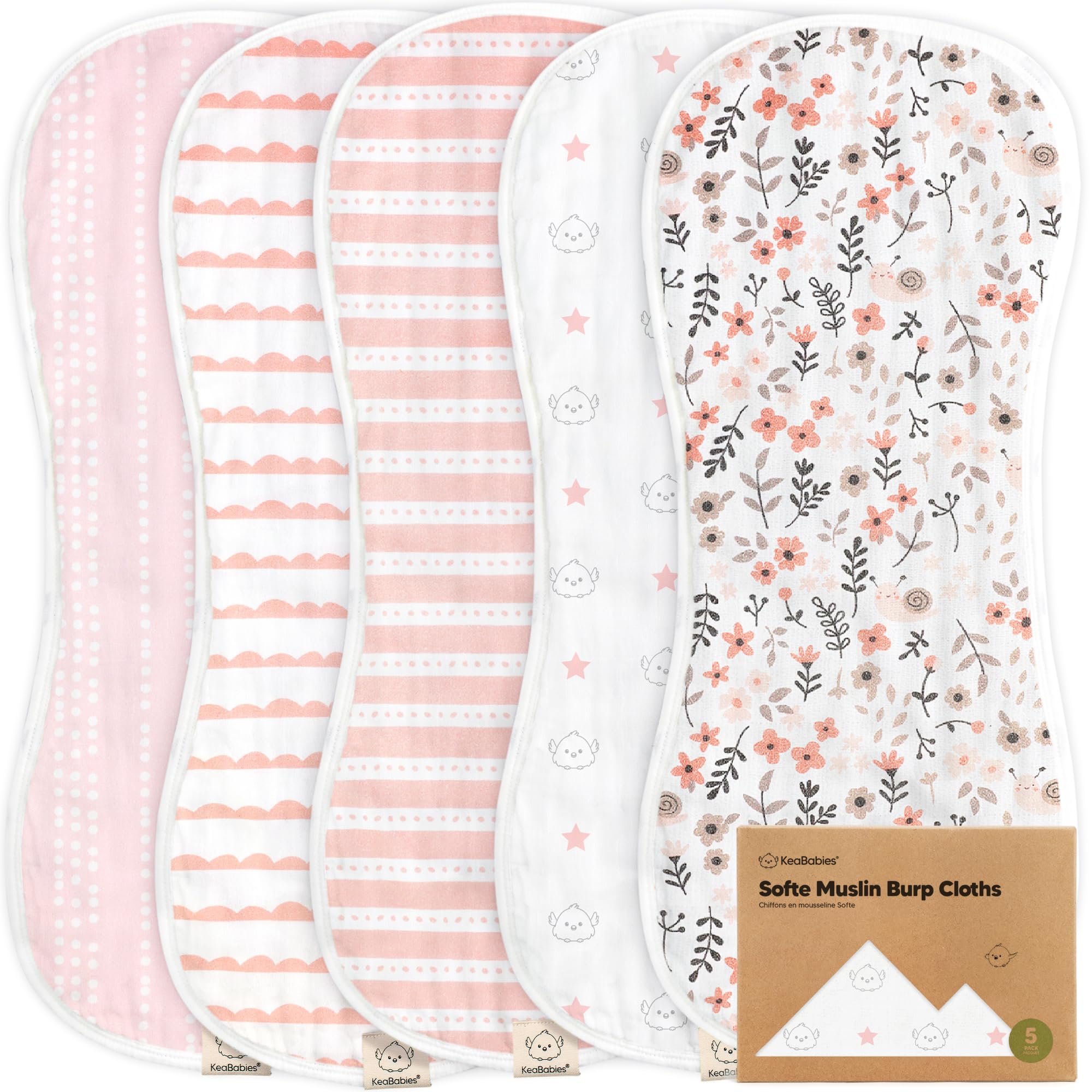 Photo 1 of 5-Pack Muslin Burp Cloths Baby Boy, Girl - Very Absorbent Baby Burp Cloth Rags, 8-Layers Viscose Derived from Bamboo Cotton Muslin Towel, Super Soft Spit Up Rags, No Shrink Washcloths (Sweet Charm)