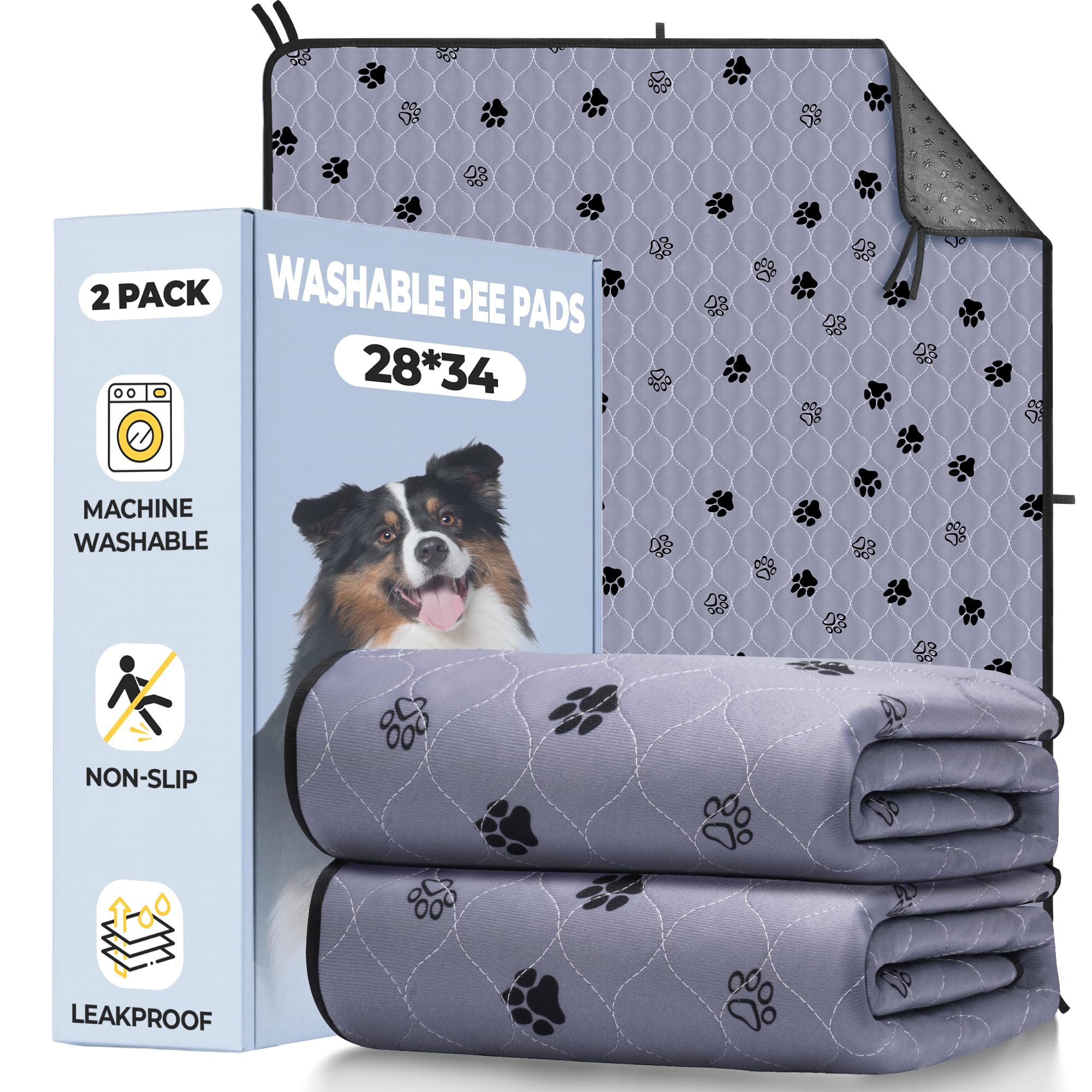 Photo 1 of Fostanfly Washable Pee Pads for Dogs, 2 Pack 28''x34'' Large Ultra-Absorbent and Leak-Proof Non-Slip Reusable Potty Training Pads for Dogs, Puppy and Cats of Add 8 Lanyards