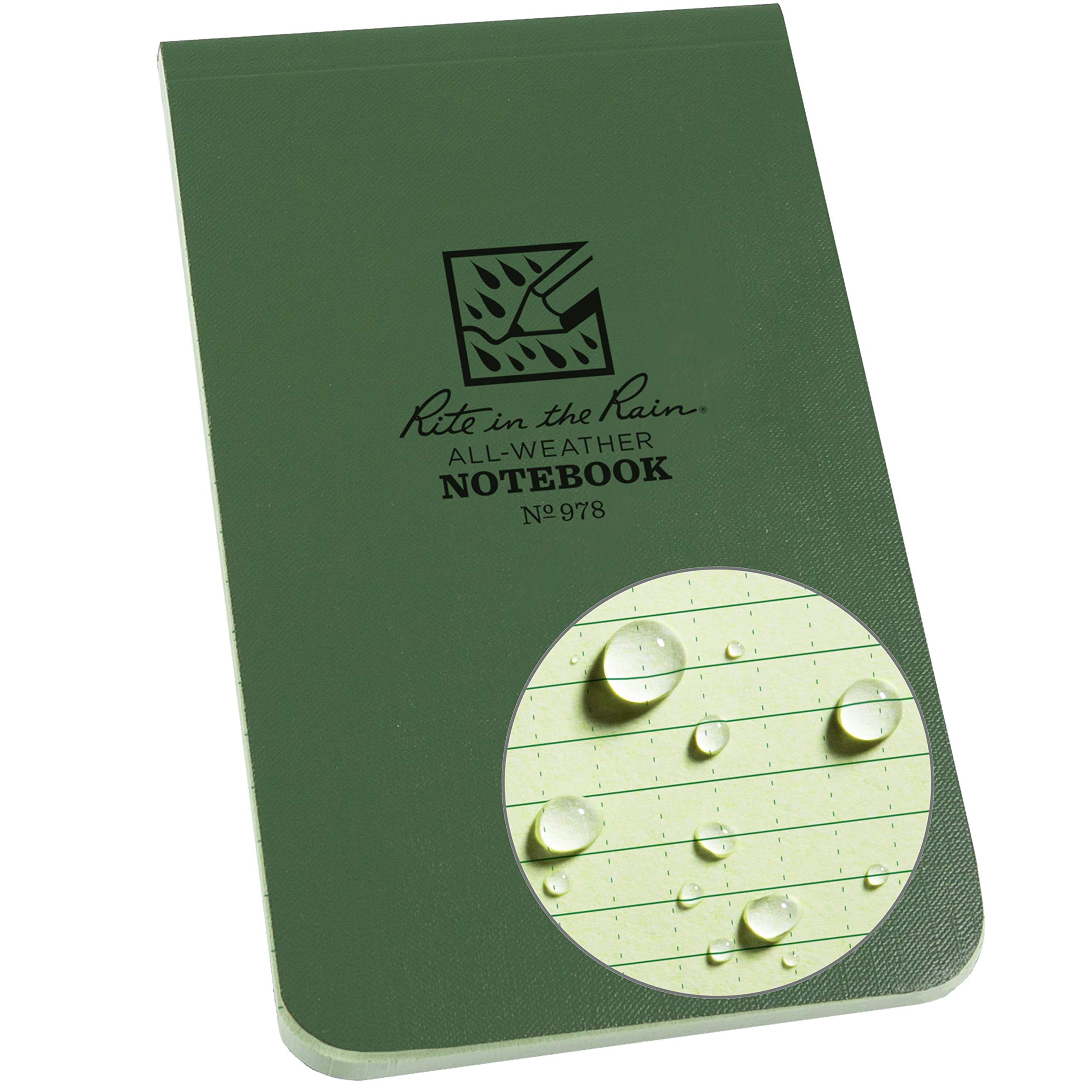 Rite in the Rain Weatherproof Soft Cover Top Bound Notebook, 3.25" x 5", Green Cover, Universal Pattern (No. 978)