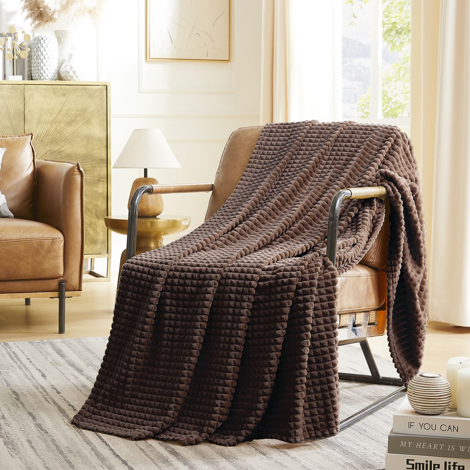 KASYLAN Super Soft Flannel Fleece Throw Blanket Grid Jacquard Decorative Warm Cozy Blanket for Sofa, Couch, Bed, Camping, Travel, Suitable for All Seasons(Chocolate, 127x152cm) โ image 1