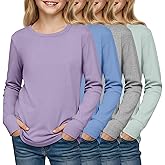 LessonZoo 4 Pack Girls' Cotton Shirts with Thumb Holes Long Sleeve Basic Crew Neck Tops Casual Lightweight Tees 5-14Y