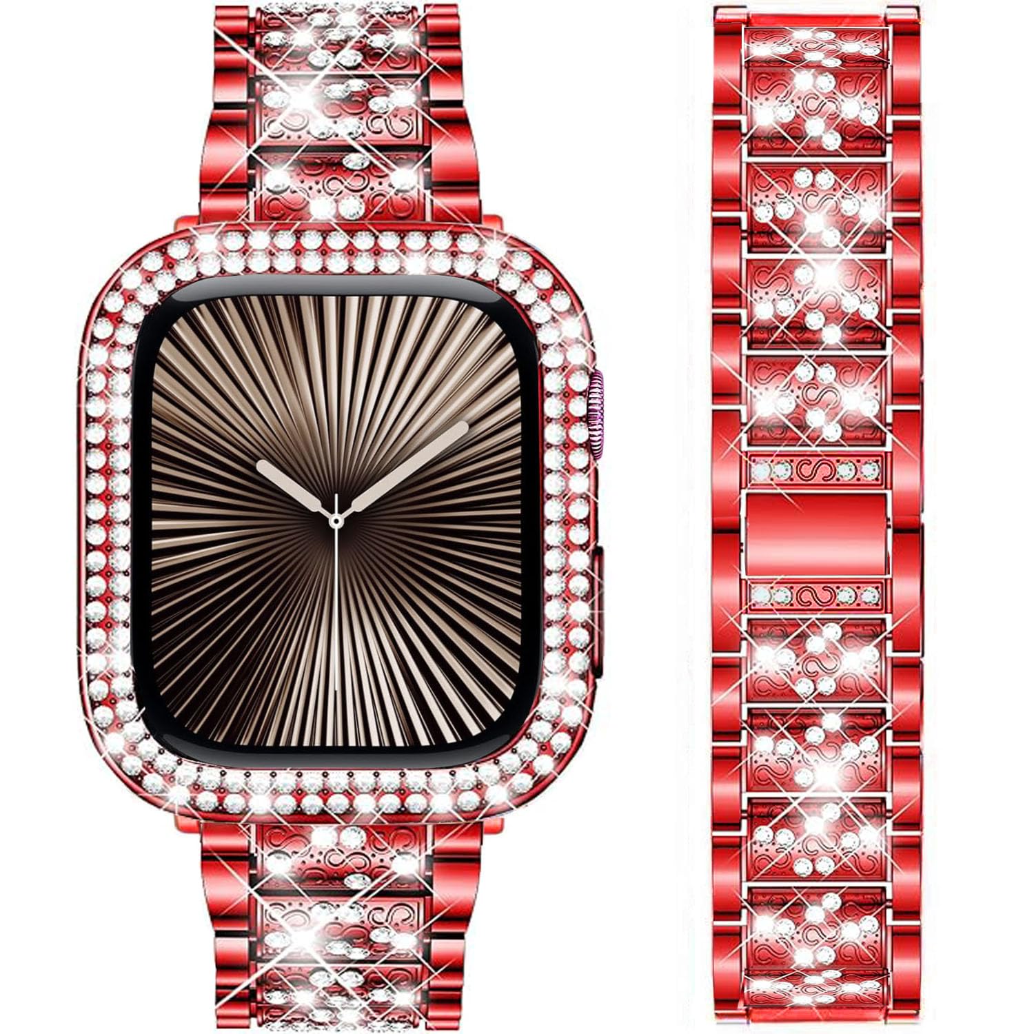 DEALELE Bands and Case Compatible with Apple Watch Series 6/5 / 4 / SE (44mm), Bling S-Texture Diamond Metal Strap with Protective Case Cover Replacement for iWatch 44mm Women Men (Red)