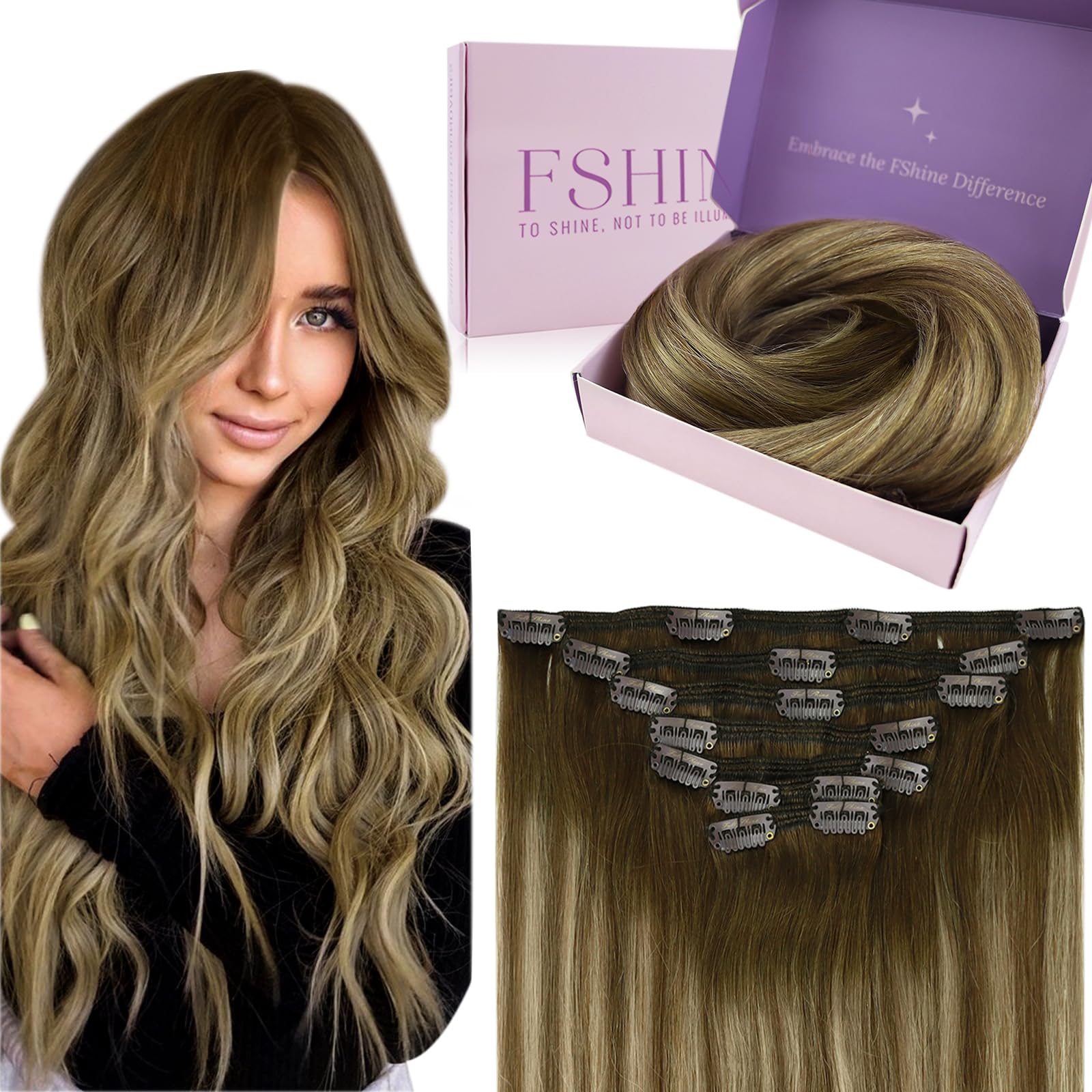 Fshine 24 inch Clip in Hair Extensions Real Human Hair,Balayage Medium Brown with Honey Blonde,Invisible Silky and Straight Texture,Gentle on Hair,No Damage Wear,7 Pcs 120 g