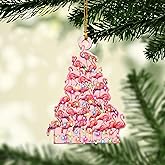 Talataca Lovely Pink Flamingo Christmas Pine Tree Shape 2D Flat Car Rear View Mirror Accessories Christmas Tree Ornament Decoration Hanging Charm Interior Rearview Pendant Decor Gift