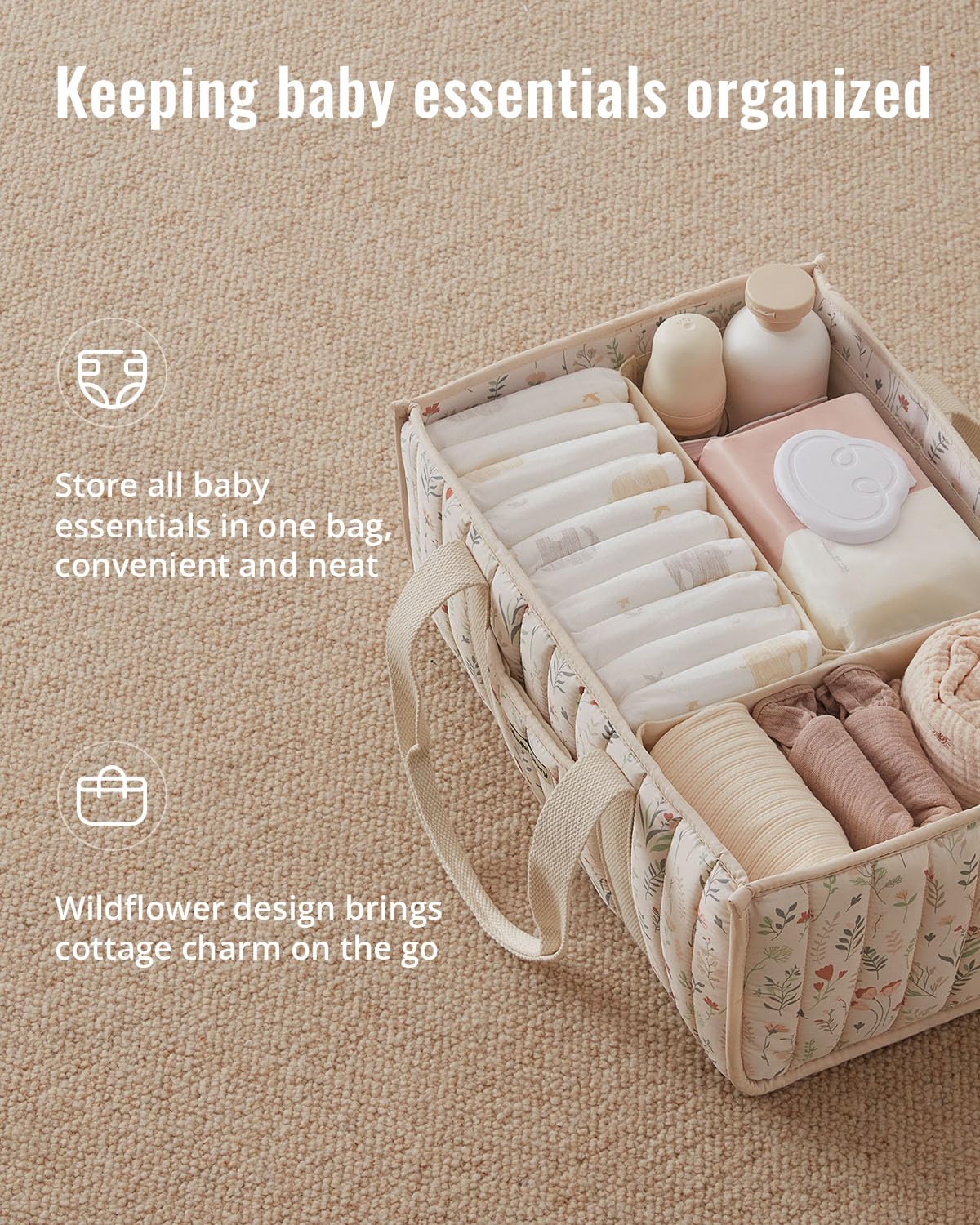 Blissful Diary Floral Diaper Caddy Organizer, Stylish Nursery Storage Basket, Gift for Baby Shower, Newborn Essentials, Floral Beige