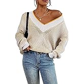Cakulo Womens Fall 2025 Oversized Striped V Neck Sweaters Long Sleeve Knit Color Block Trendy Pullover Sweater Top