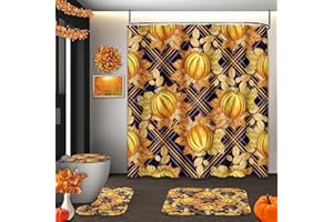 Arttown Orange Pumpkins Shower Curtain Set with Toilet Lid Cover and Non-Slip Rugs, Vintage Colorful Gray Yellow Leaves 4 Pcs Shower Curtains for Bathroom, Autumn Bathroom Decor Accessories