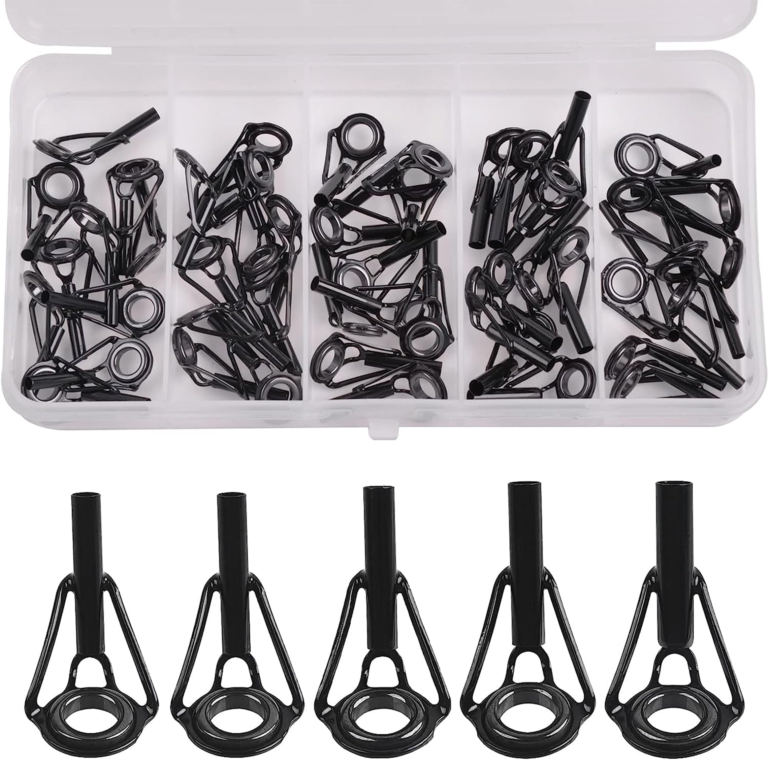 JSHANMEI Rod Tip Repair Kit Fishing Rod Eyes Repair Kit Stainless Steel Eyes Ring Ceramic Guide Ring Fishing Rod Tip Replacement Kit Various Size Tip Fishing Supplies Accessories(50pcs/box)