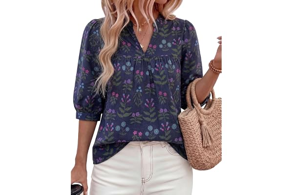 PRETTYGARDEN Women's 2026 Summer Floral Blouses Dressy Casual Half Sleeve V Neck Going Out Boho Tops Spring Fashion Clothing