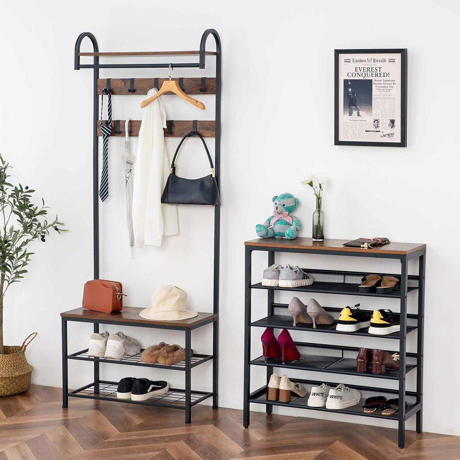 HOOBRO Coat Rack Shoe Bench, Industrial Hall Tree with Storage Shelf, Entryway Storage Organizer, 4 in 1 Design, Accent Furniture with Metal Frame, Easy Assembly, Rustic Brown BF13MT01: Home Improvement