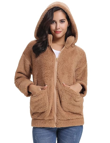 Abollria Damen Kapuzenjacke Teddy Fleece Plüschjacke mit Abnehmbarer Kapuze Casuale Zip Hoodie Cardigan mit Seitentaschen Stehkragen