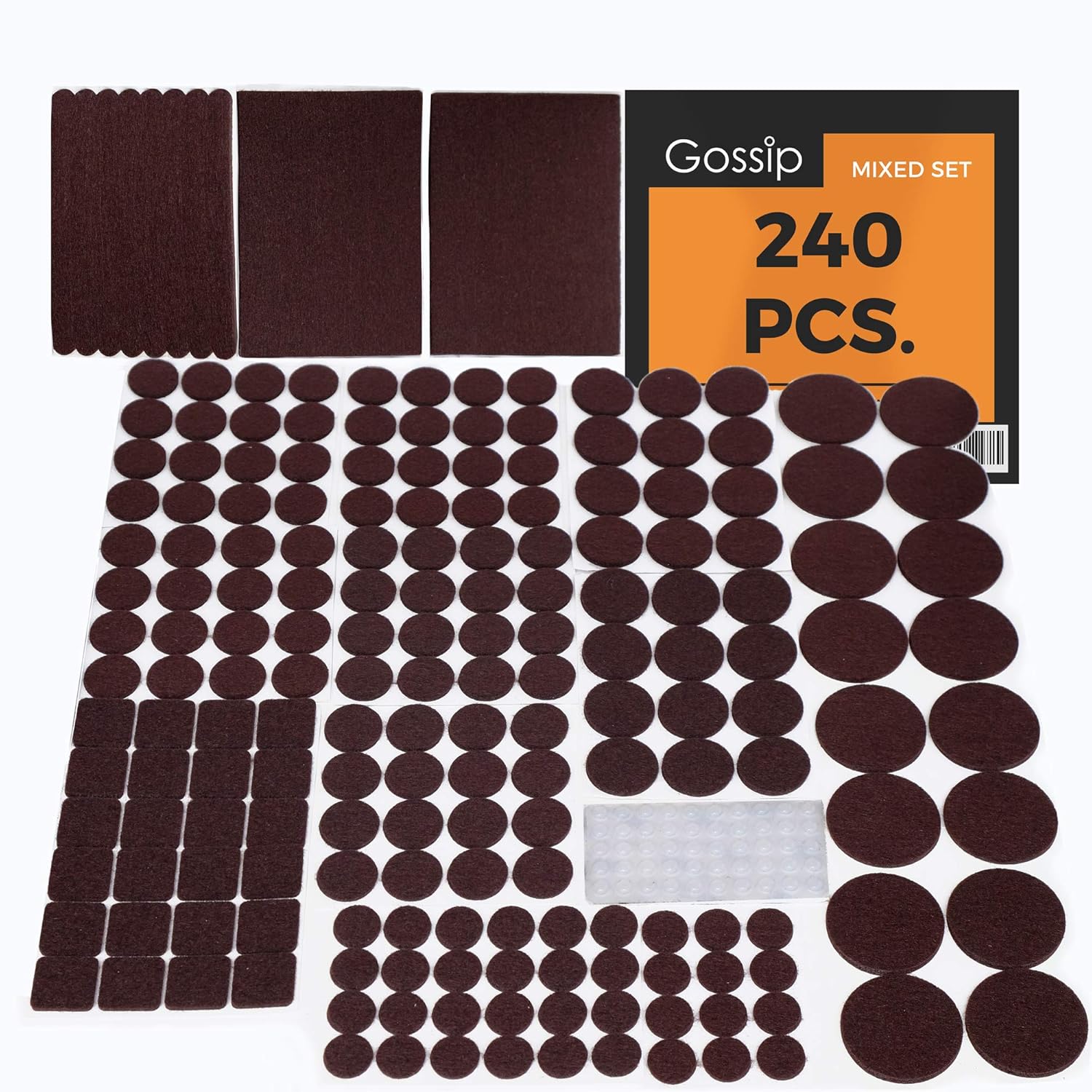 GOSSIP Premium Furniture Felt Pads - 240 Pcs GIANT SET BROWN Heavy Duty Adhesive Floor Protectors for Furniture Legs. Assorted Sizes with Noise Dampening Bumpers. Furniture Sliders for Hardwood Floors