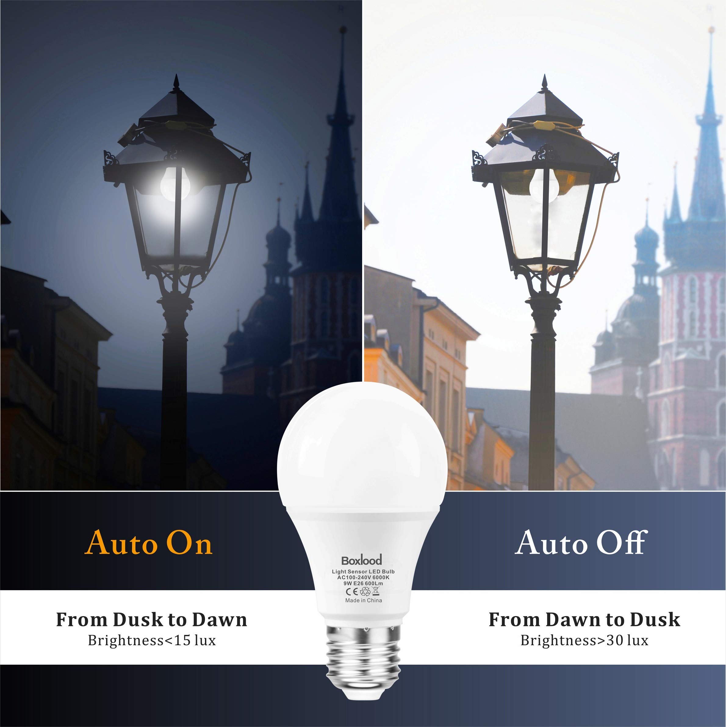 Dusk to Dawn Light Bulbs, E26, 60W Equivalent, AC100-240V, 6000K Cool White Auto On/Off Indoor/Outdoor Sensor LED Bulb by Boxlood (4 Pack)