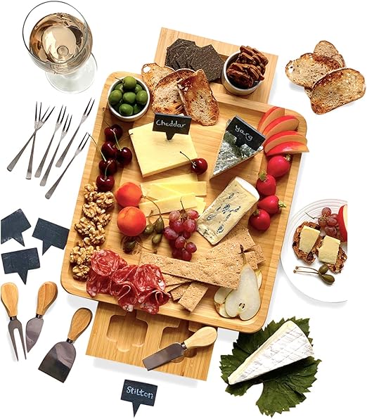 Amazon Com Bamboo Cheese Board And Knife Set 20 Pc Wood Charcuterie Platter Serving Meat Cheese Plate With 2 Slide Out Drawers 6 Appetizer Forks 6 Slate Labels 4 Stainless