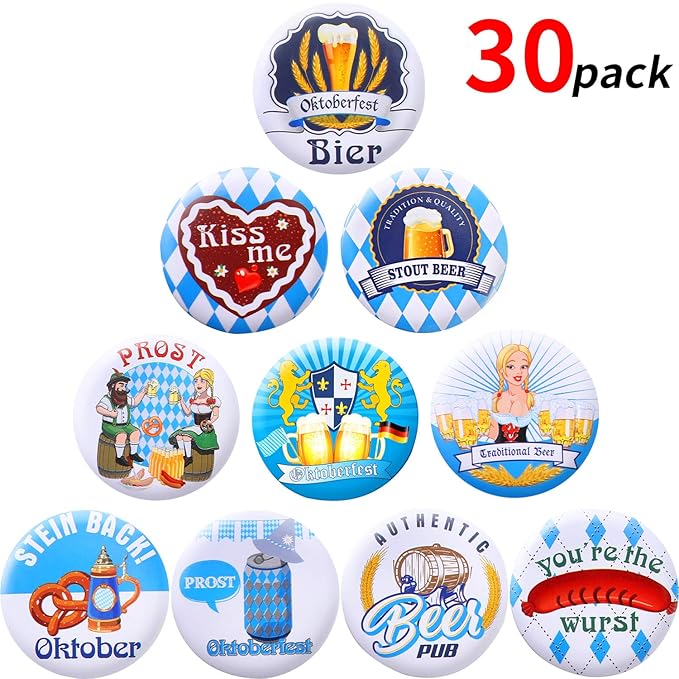30 Pieces Oktoberfest Buttons Pins Bavarian Style Badges, 10 Different