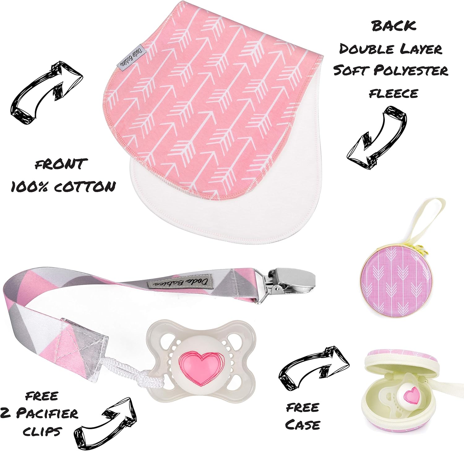 Baby Burp Cloths Pack of 5 by Dodo Babies + 2 Pacifier Clips + Pacifier Case, Premium Quality for Girls Soft and Absorbent, Excellent Baby Shower/Registry Gift: Kitchen & Dining