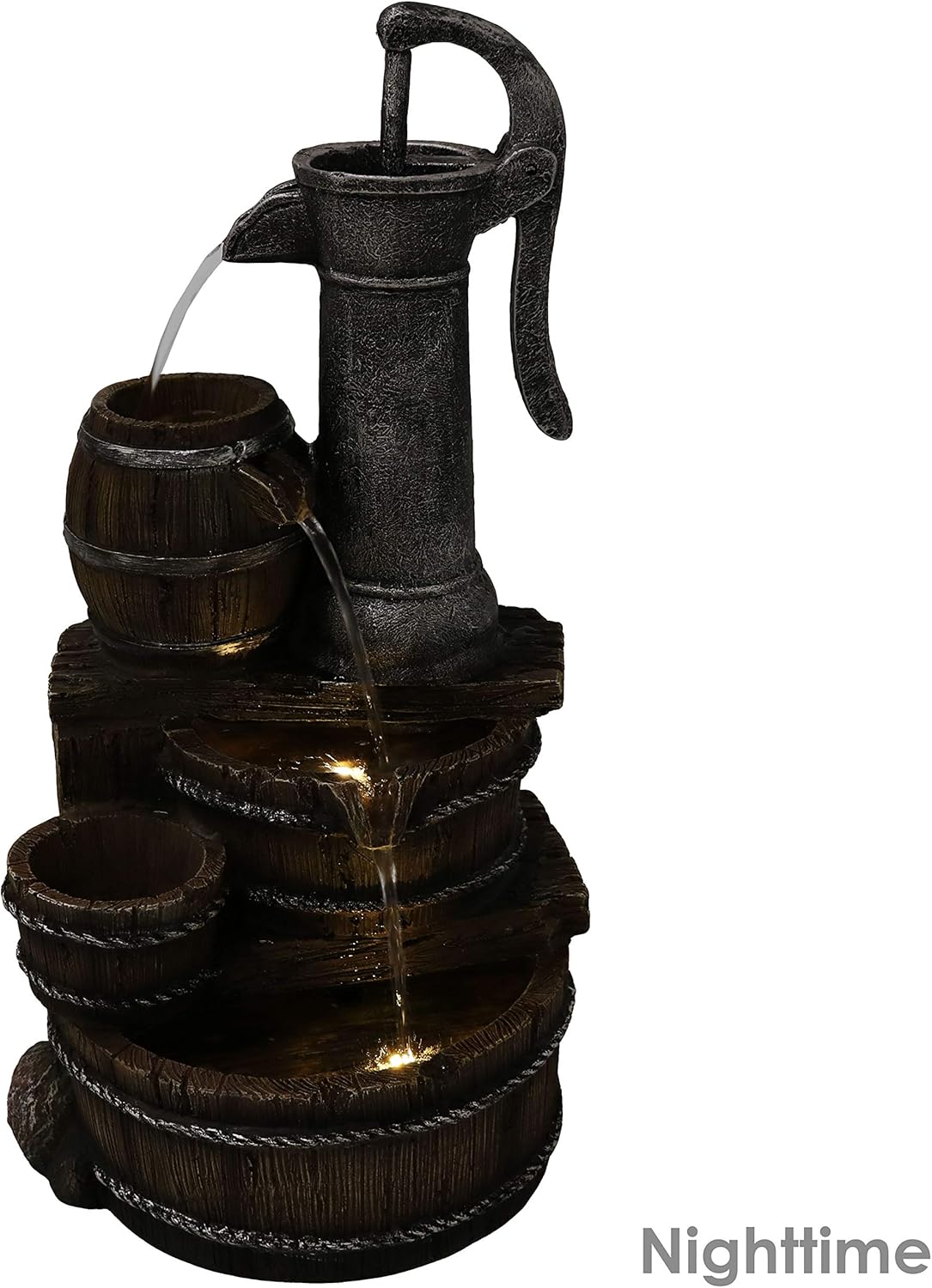 Sunnydaze Cozy Farmhouse Pump and Barrels Outdoor Fountain with LED Lights - Exterior Standing Water Feature - Corded Electric - Ideal for Deck, Yard, Balcony and Landscaping - 23-Inch: Sunnydaze Decor: Kitchen & Dining