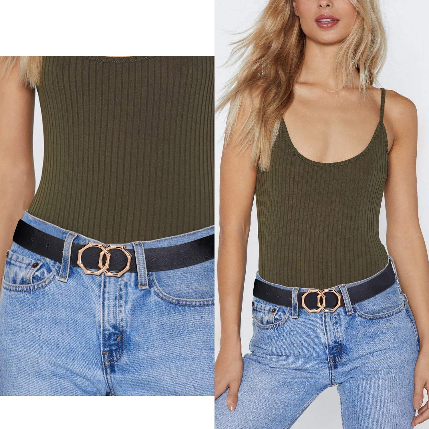 Women Leather Belt Double Ring Black Belt Fashion Golden Designer Buckle Belt for Jeans, Pants, Dresses, Shorts