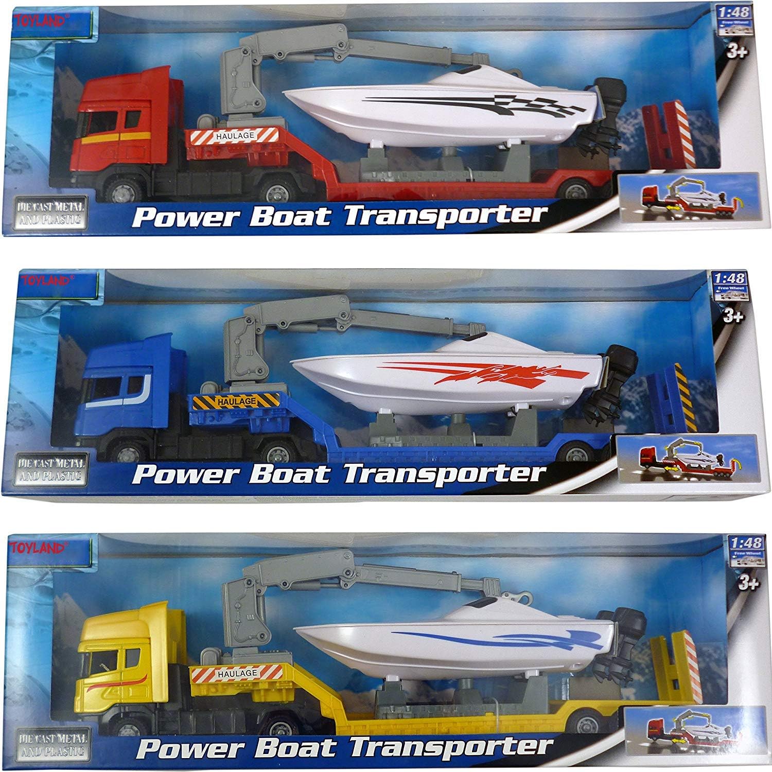 Toyland Scania Flatbed Hauler Transporter Truck with Power Boat - 1:48 Scale - Diecast - Free Wheel (Random Truck)