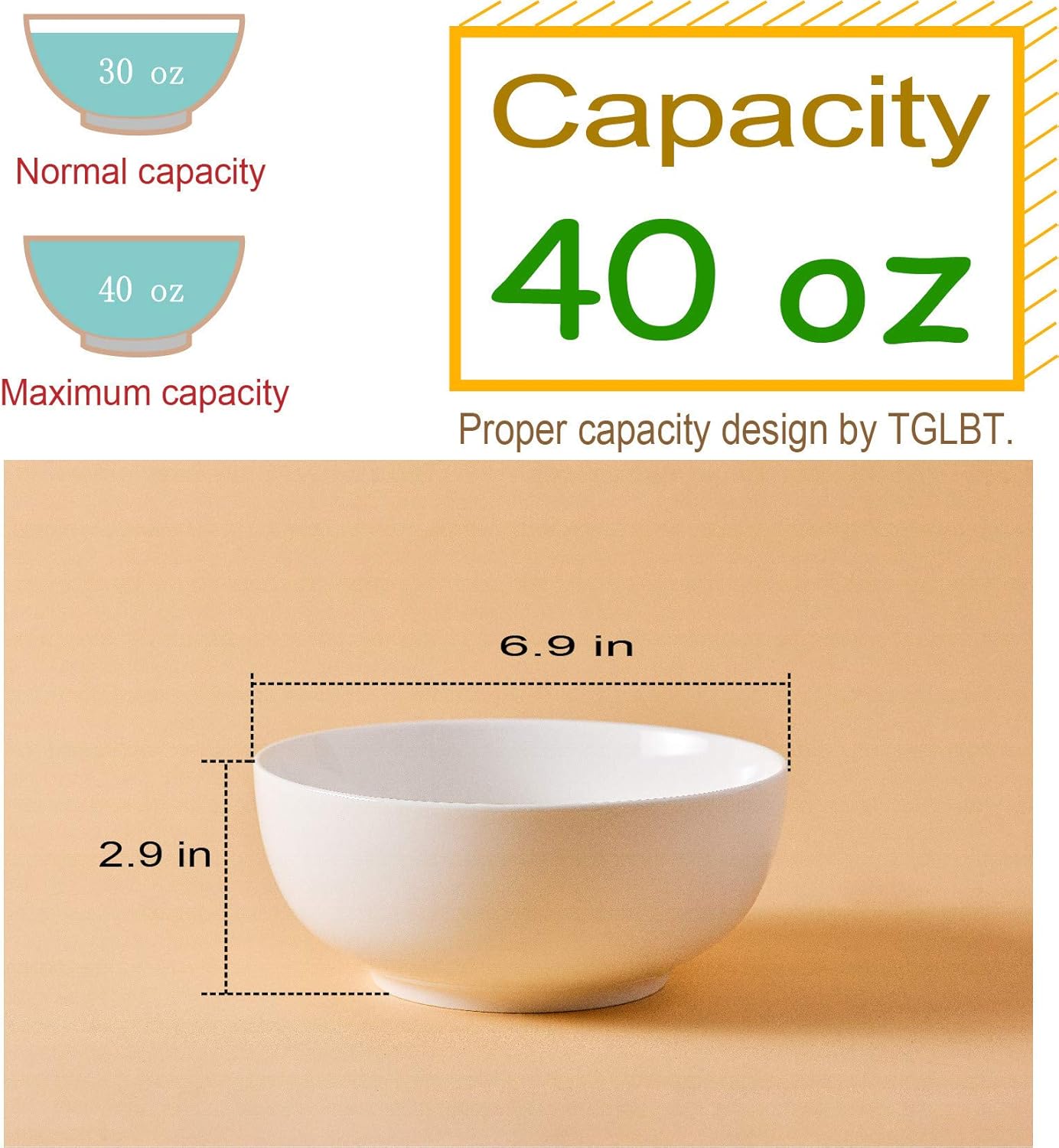  | TGLBT 40 Ounce Porcelain Soup Bowls - 4 Packs, Stackable Round, White: Salad Bowls