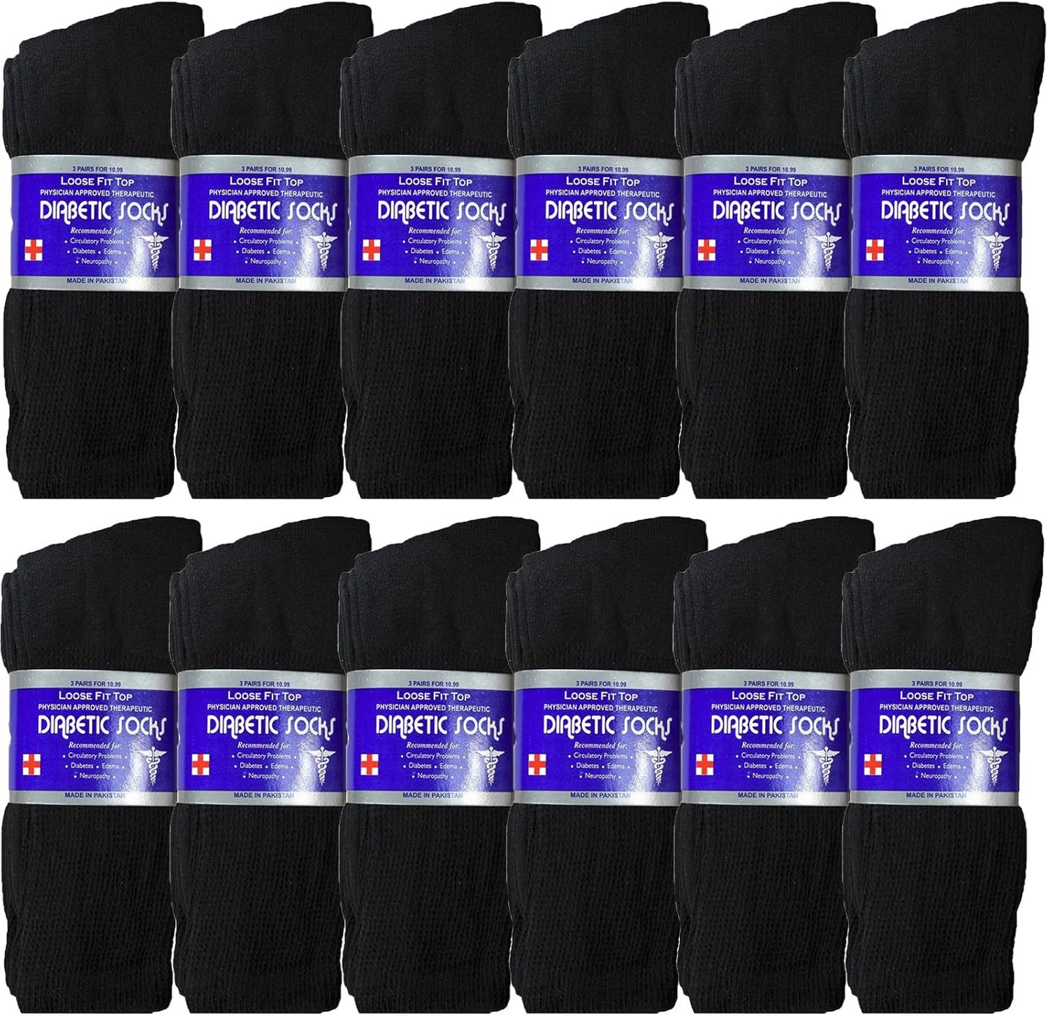 USBingoshop 12 Pairs Mens Physicians Approved Crew Diabetic Socks Cotton 10-13 (12 Pairs D-Black): Clothing