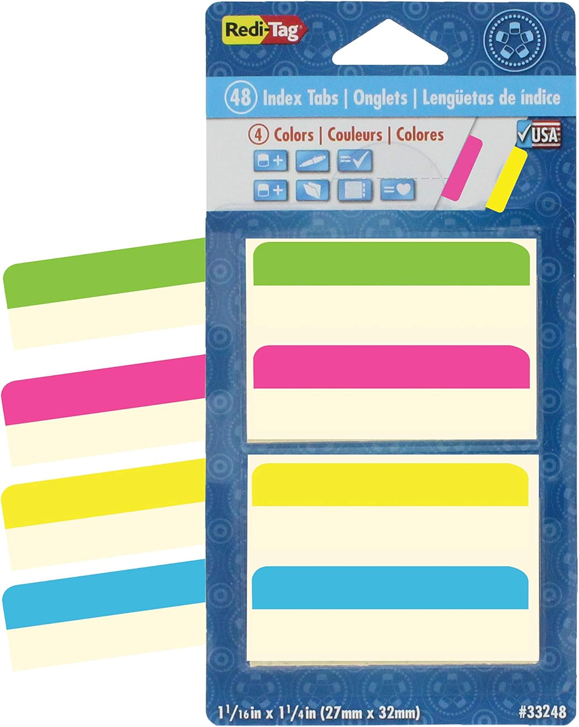 Redi-Tag Write-On Removable Index Tabs, 2 x 11/16 Inches, 48 Tabs per Pack, 4 Assorted Colors, 1-Pack (33248) : Binder Index Dividers : Office Products