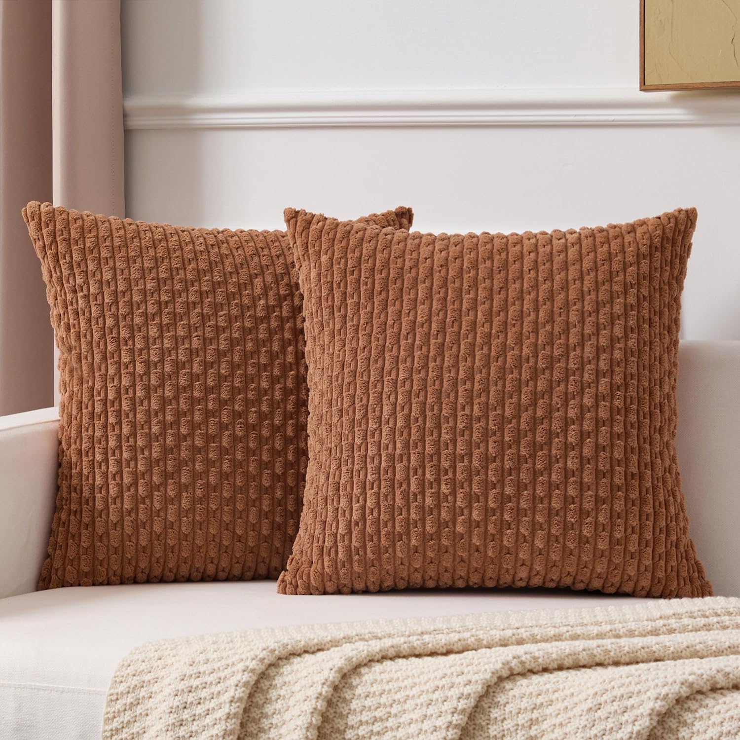 Photo 1 of Kevin Textile Fall Decorative Pillow Covers Set of 2 Striped Plush Corduroy Pillows Pillowcases Boho Home Decor Cushion Covers for Couch Sofa Bed Living Room 18x18 Inch, Blue