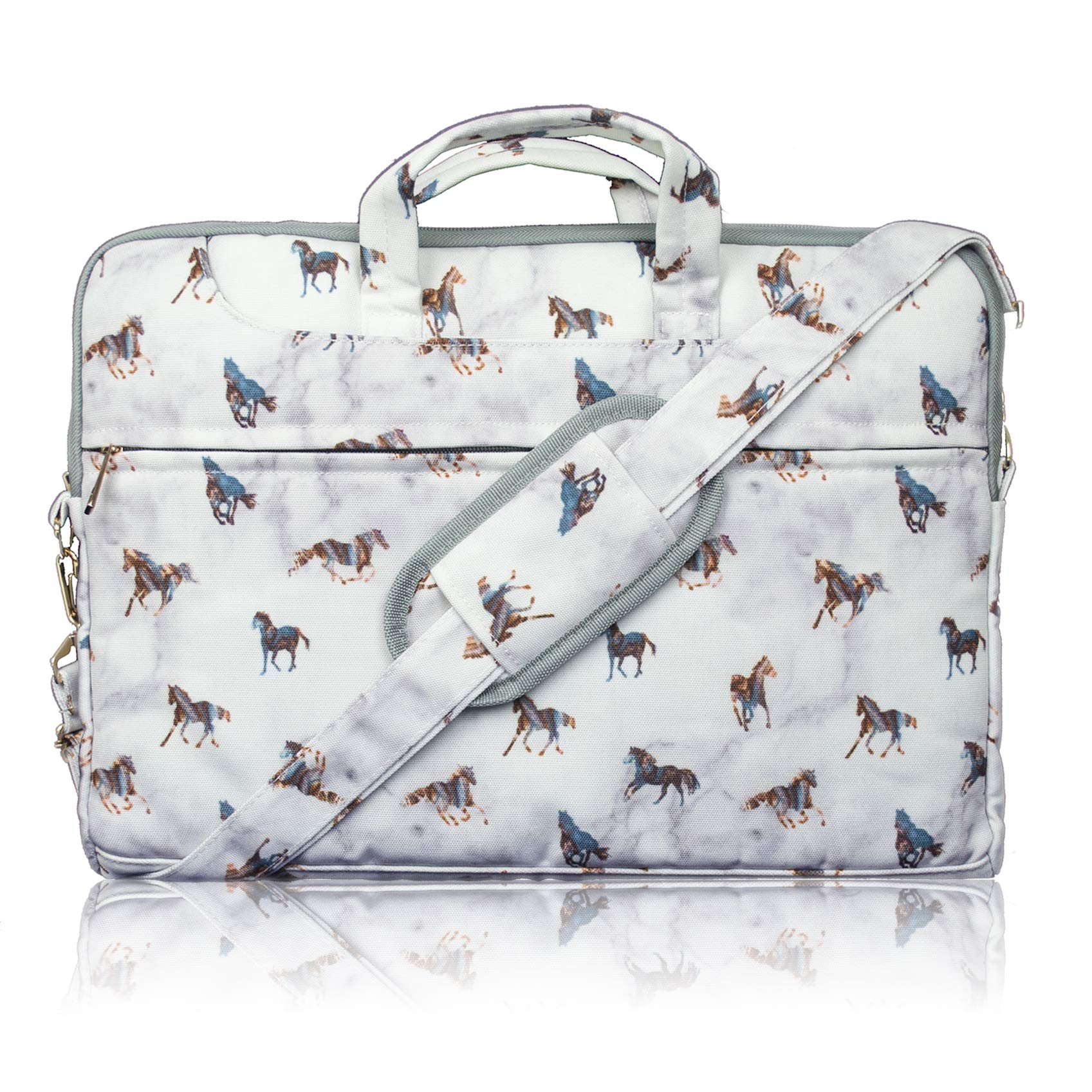 TaylorHe 13-14 inch Poly Canvas Laptop/Chromebook/MacBook Shoulder Bag with Patterns, Side Pockets Handles and Detachable Strap Horses