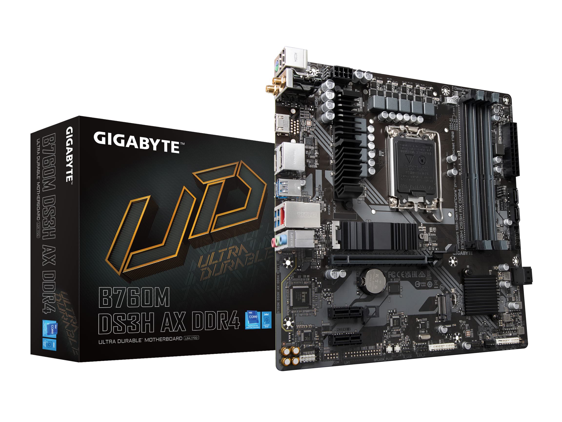 Photo 1 of GIGABYTE B760M DS3H AX DDR4 Intel LGA 1700 mATX Motherboard, Support Intel Core 14th/13th/12th Gen, DDR4, 6+2+1 Power Phase, 2X M.2, PCIe 4.0, USB-C, WIFI6E, 2.5GbE LAN, Q-Flash Plus, PCIe EZ-Latch