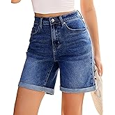 Vetinee Jean Shorts Womens High Waisted Fold Hem Stretchy Long Denim Shorts Mid Thigh Summer Casual Jorts 7 Inch Inseam