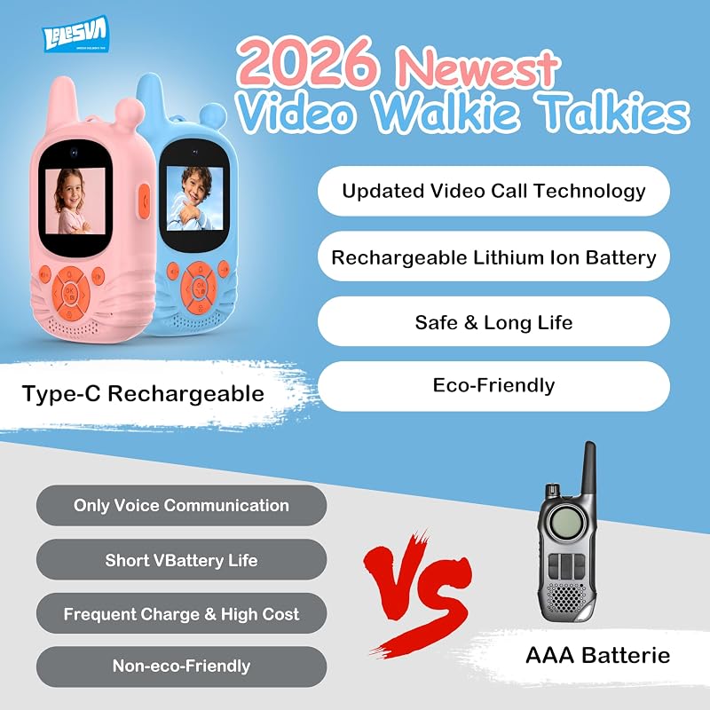 Walkie talkies de vídeo para crianças, câmara dupla HD, 2 unidades, brinquedo recarregável, alcance de 300 m, walkie-talkie para crianças dos 3 aos 12 anos