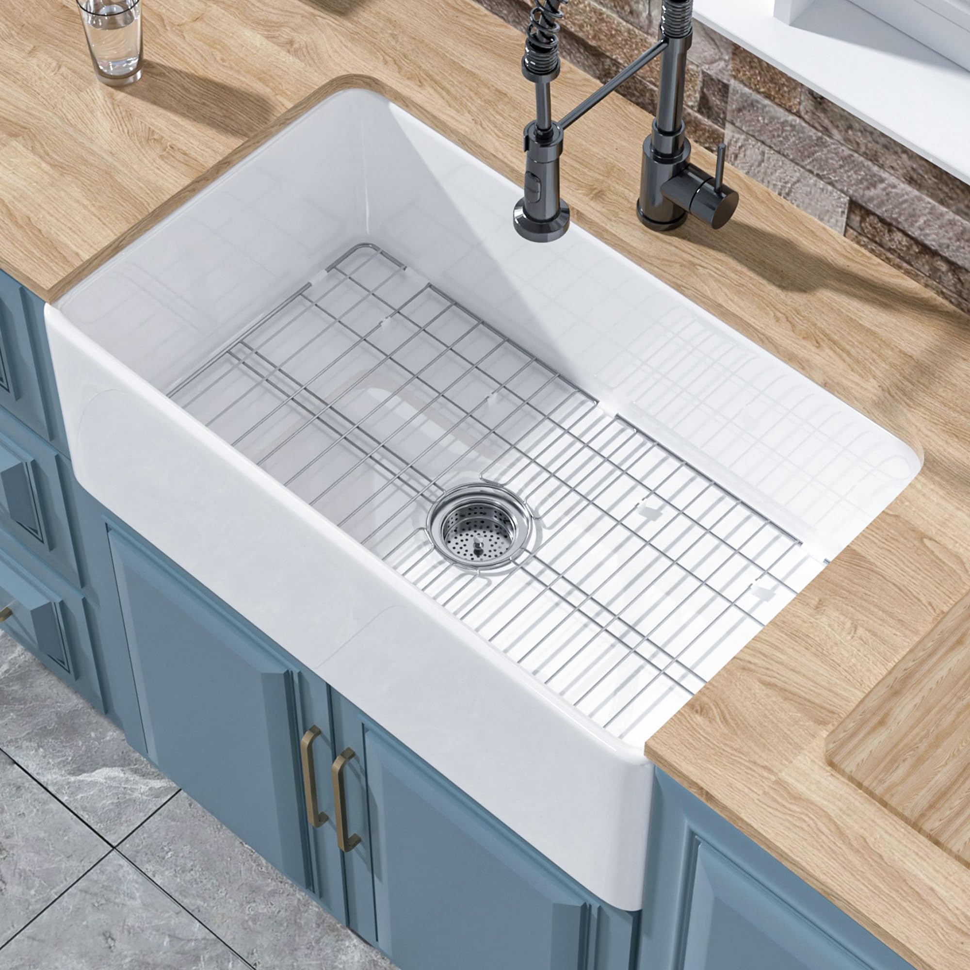 Photo 1 of HOMLYLINK White Farmhouse Sink 30 x 18 Inch, Firecaly Apron Front Farm Sink, Heavy Duty Single Bowl, with Custom Accessories 2, Undermount, for Kitchen