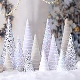 Ireer 12 Pcs Christmas Velvet Trees Set Various Size Velvet Cone Modern Decorations Indoor Table Tree Centerpiece Minimalist Xmas Holiday Winter Home Decor(White)