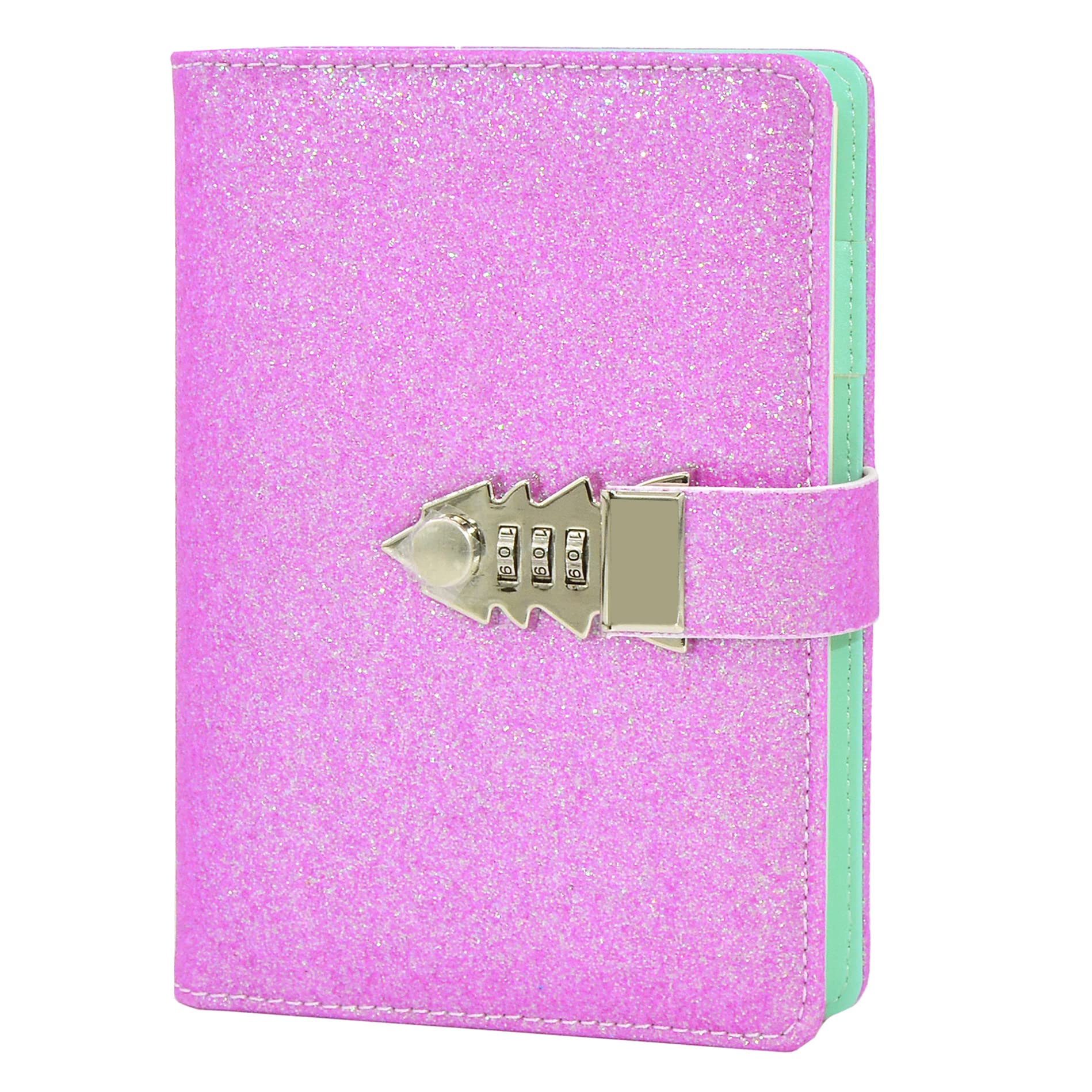LanSun NectaRoy Lock Journal Lockable Refillable Diary, Writing Notebook Planner Organizer with Combination Lock, Gilliter Cover Travel Journal with Lock, 185x135mm, Gilliter Pink