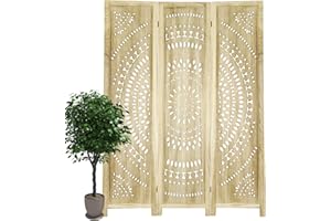 Babion 3 Panel Room Divider, Carved Wood Room Dividers, Cutout Room Divider and Folding Privacy Screens, Freestanding Screen Room Divider Room Separation for Bedroom Office Terrace, Natural Color